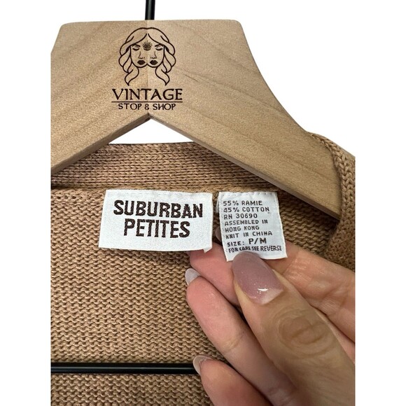 Vintage Suburban Petite Tan Stripe Polka Dot Pattern Cardigan Women’s 90s Size M - Picture 8 of 13